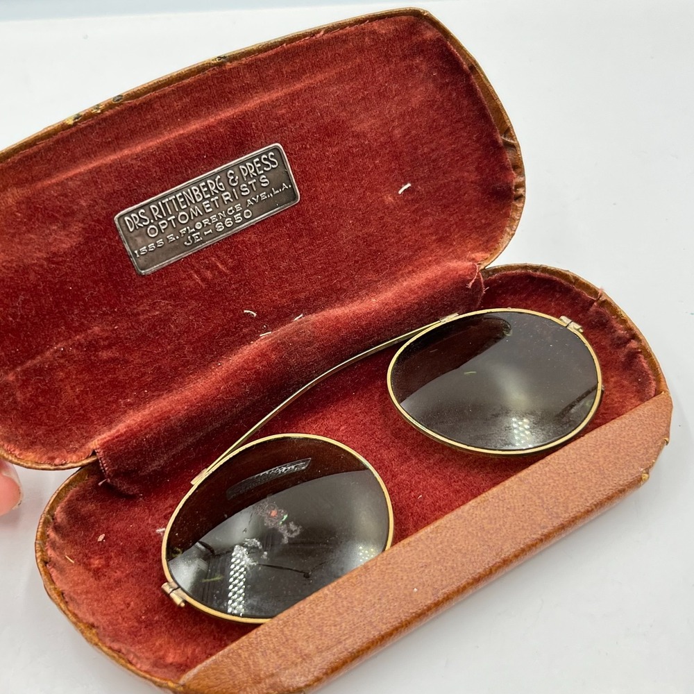 Vintage Mid-Century Gold Tone Clip-On Sunglasses with Original Velvet Lined Case